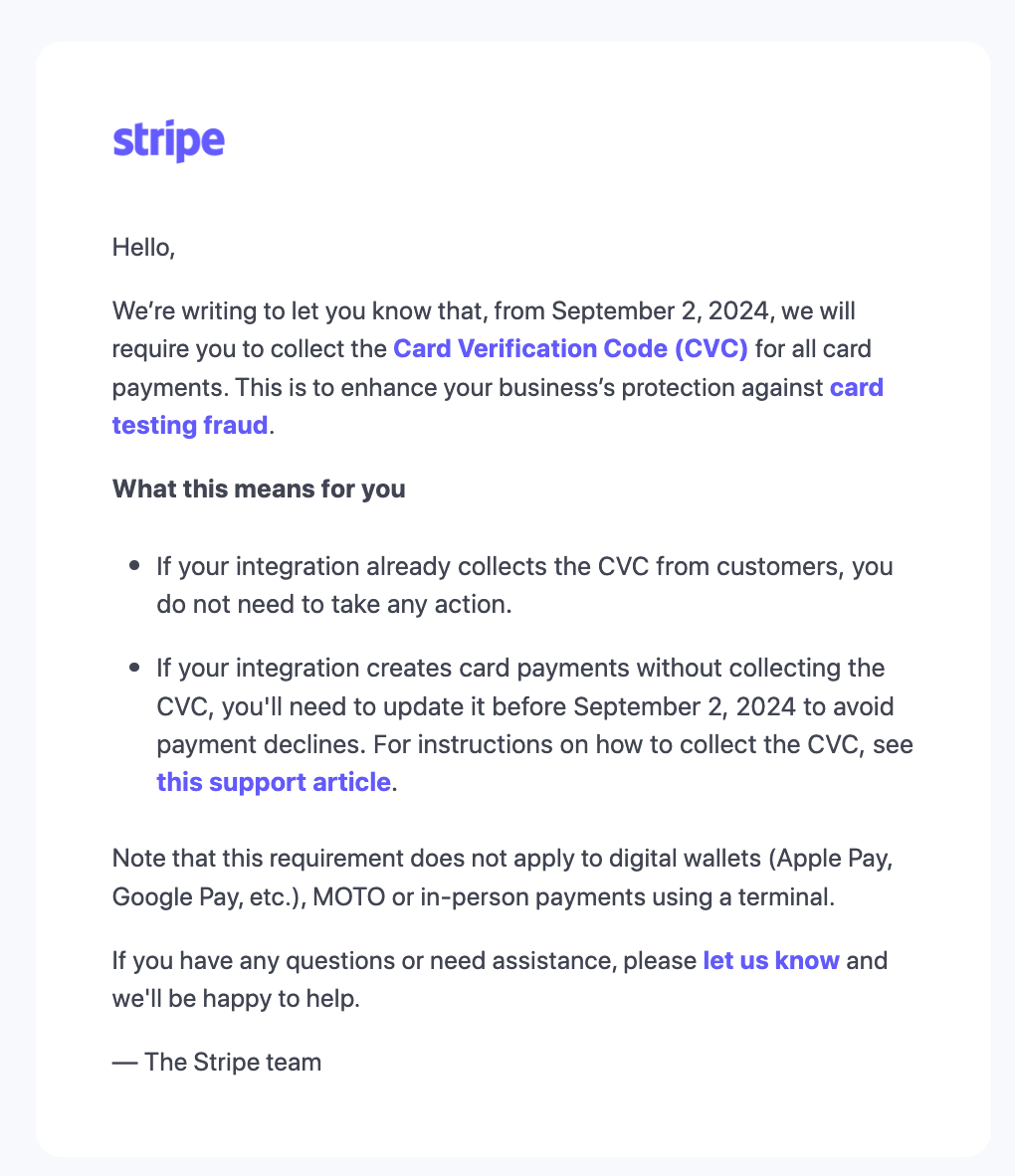 Stripe soon to require CVCs